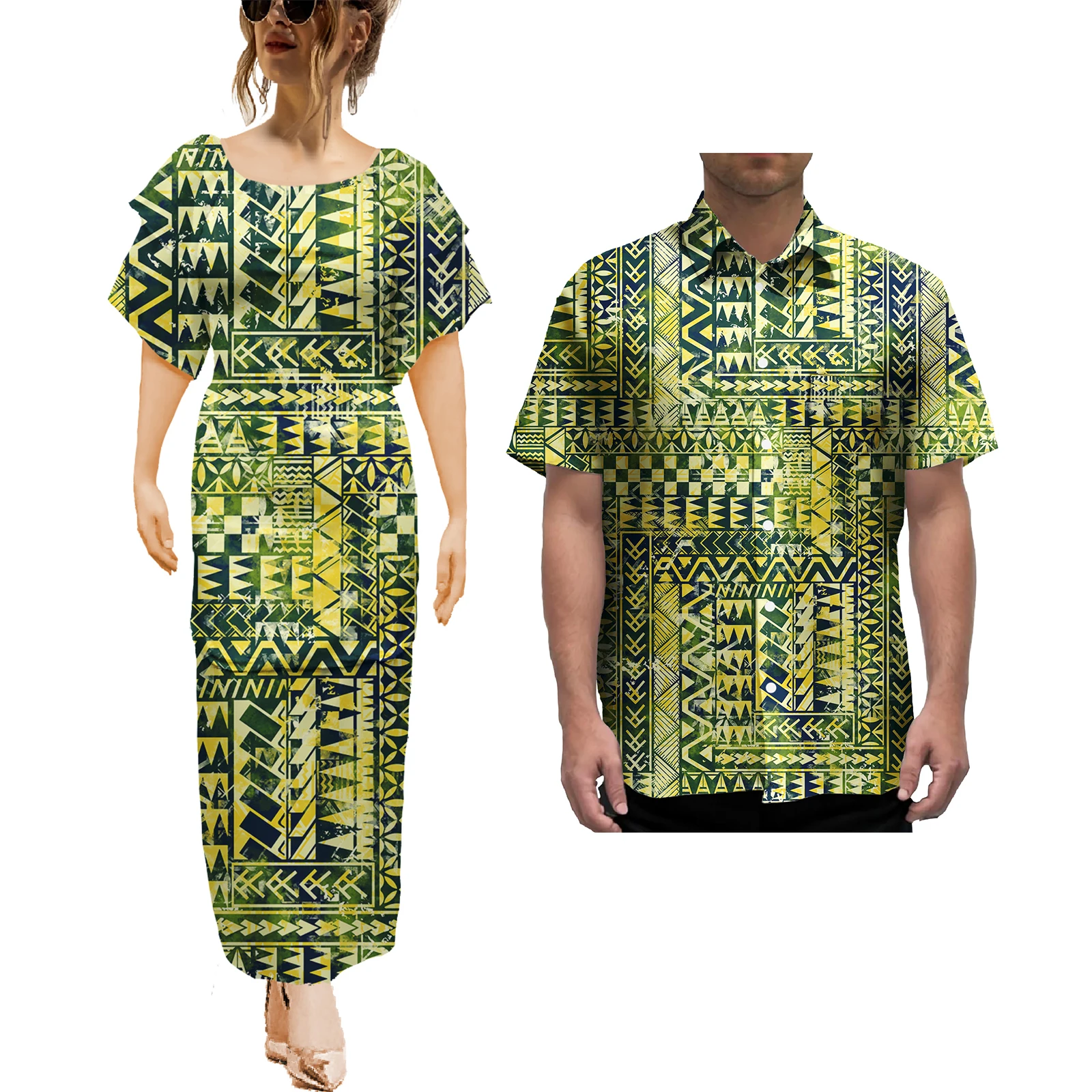 Polynesian Tribal Printed Couple Clothes Matching Mens Shirts Aloha Couple Two Piece Sets 2Pcs