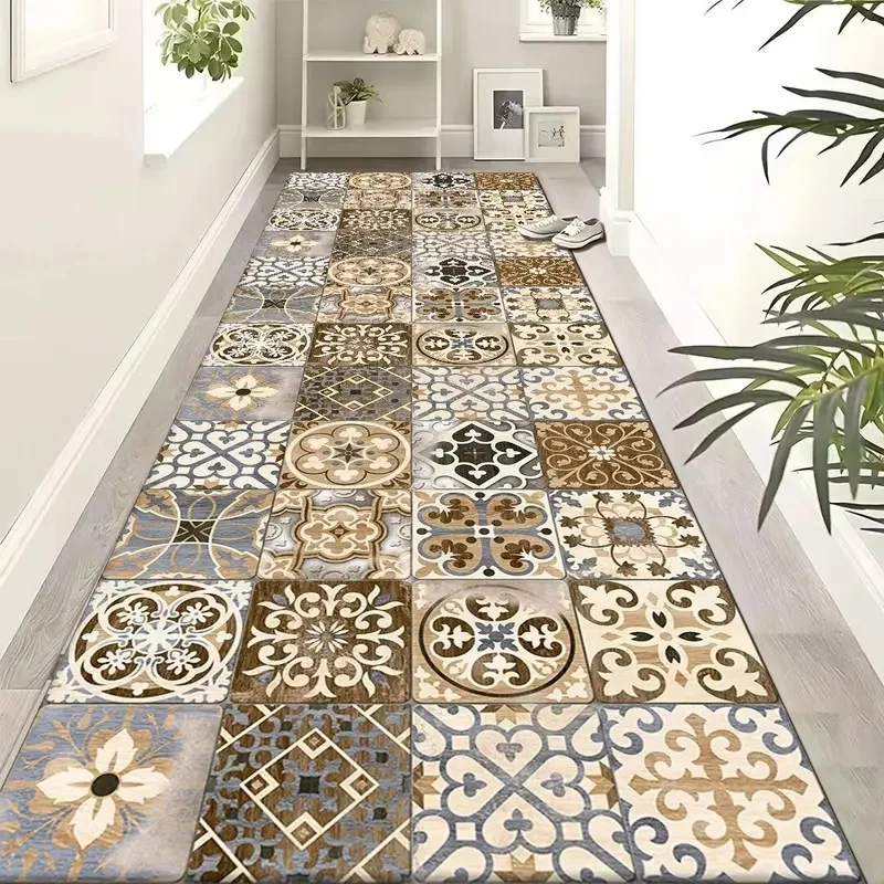 VIKAMA Moroccan Tile Long Floor Rug Retro Patchwork Ceramic Tile Pattern Thick Anti Slip Runner Carpet for Kitchen Home Decor