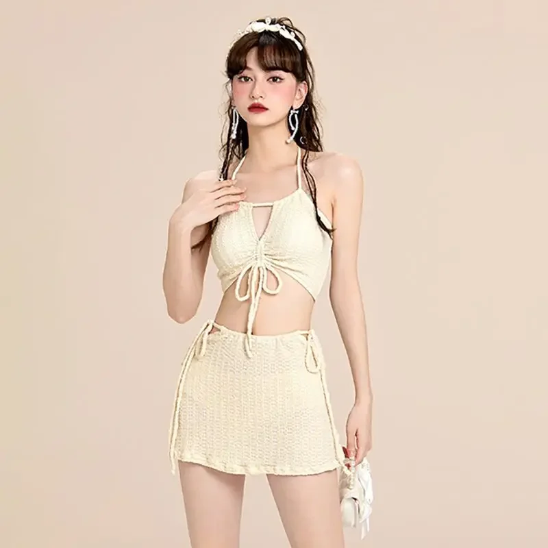 2024 Swimming Suit Women's Bikini Three Piece Skirt Covering Meat Hanging Neck Sexy Hot Spring Split Small Swimwear Open Back