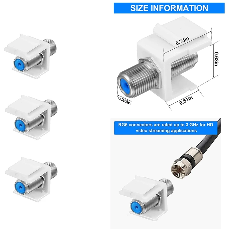 Coaxial Keystone Jack Inserir Extensor de cabo, F-Type RG6, fêmea para fêmea para placa de parede e Patch Panel
