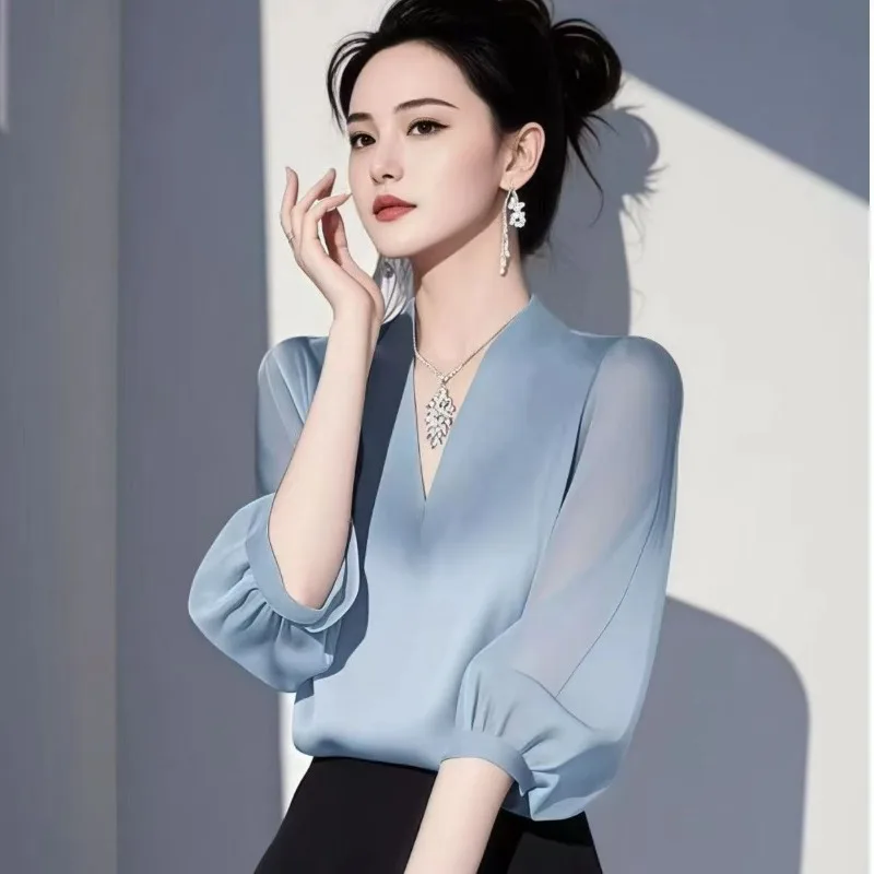 빈티지 여성 블라우스 쉬폰 셔츠 패션 슬림 여름 V넥 한국 의류 반팔 노랑 여성 상의