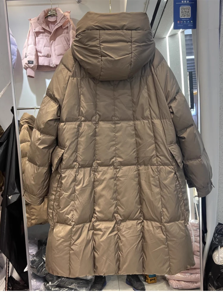 2025 inverno novo comprimento médio para baixo jaqueta feminina na altura do joelho com capuz solto grosso capa bolso grande pato branco para baixo jaqueta