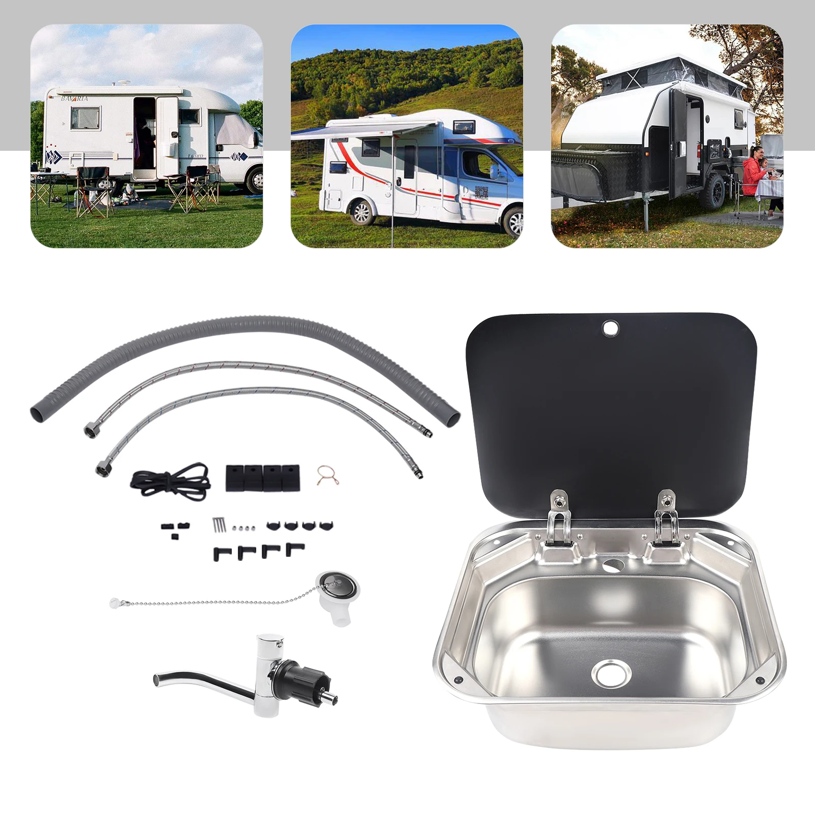 RV Sink Kitchen Hand Wash Basin Sink Single Bowl with Folded Faucet Tempered Glass Lid Washbasin for Camper Trailer