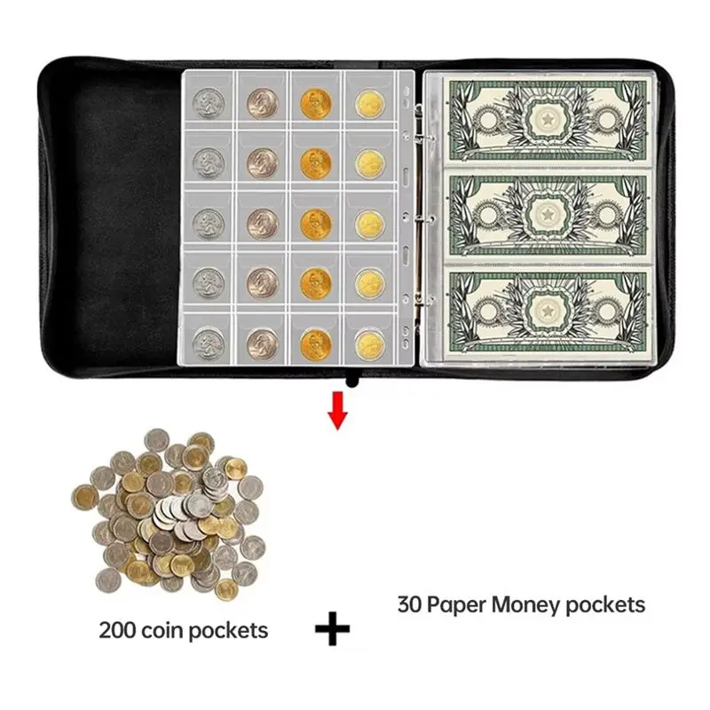 A20F-Portable Coin Collection Set 200 Panels Pvc Transparent Loose-Leaf Philatelic Book Album With Zipper Protection