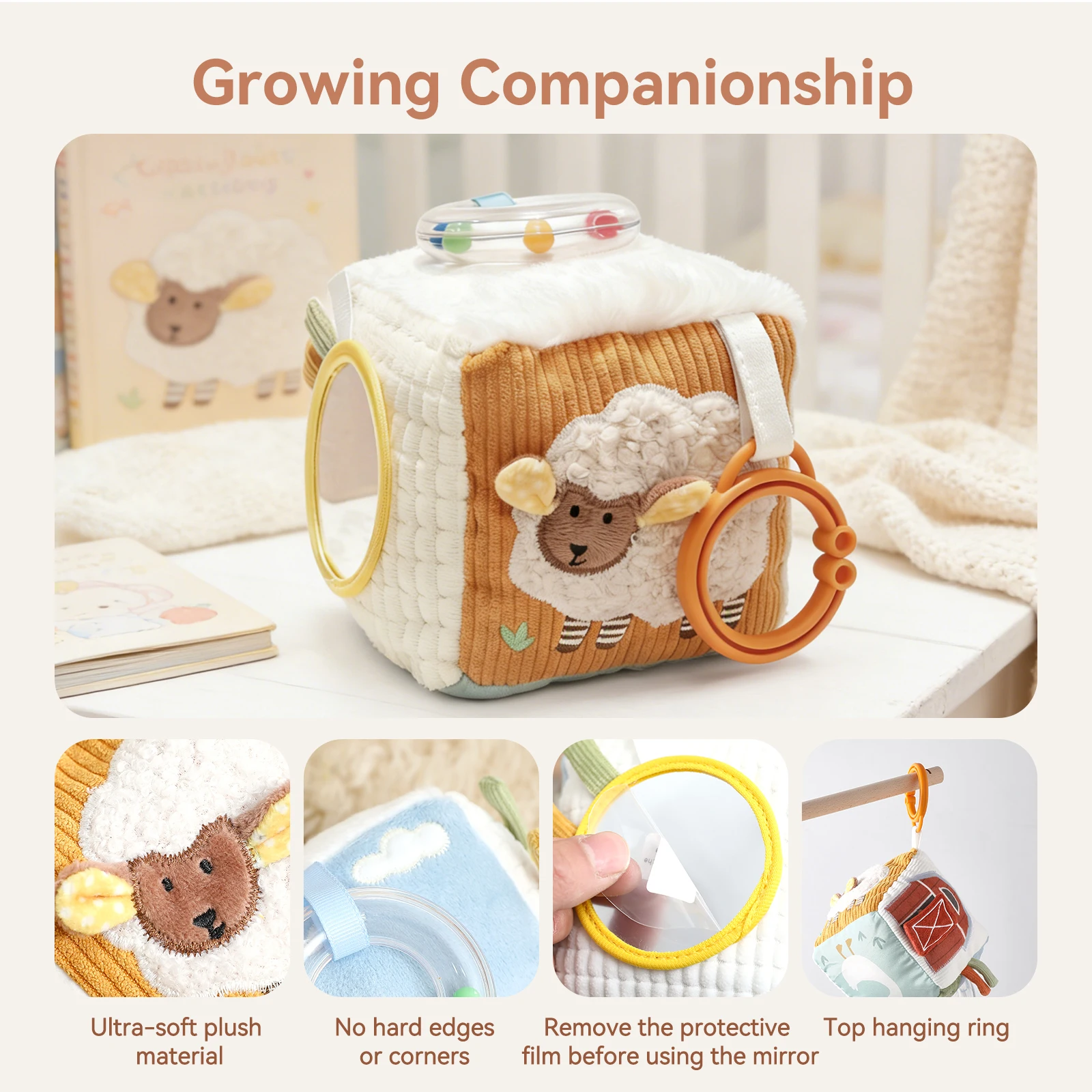 Baby Sensory Cloth Book with Mirror, Soft Crinkle Paper, Mix-and-Match Pages, Early Learning Fine Motor Skills Toy Gift