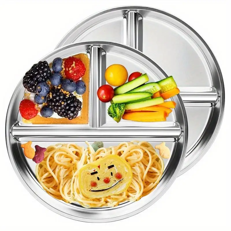 1/3Pcs 23CM Round Stainless Steel 3 Grid Durable Dinner Plate Serving Tray