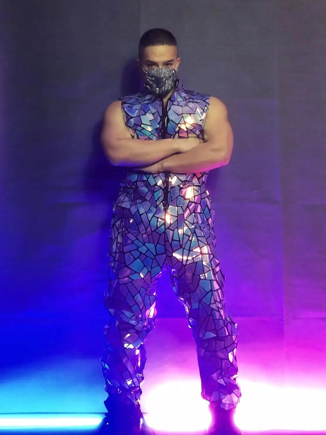 BLUE Laser Mirror Rompers Club Costume Club Bar Sequins Jumpsuit Hip Hop Costume men Dancer Team Street Dance Stage Show