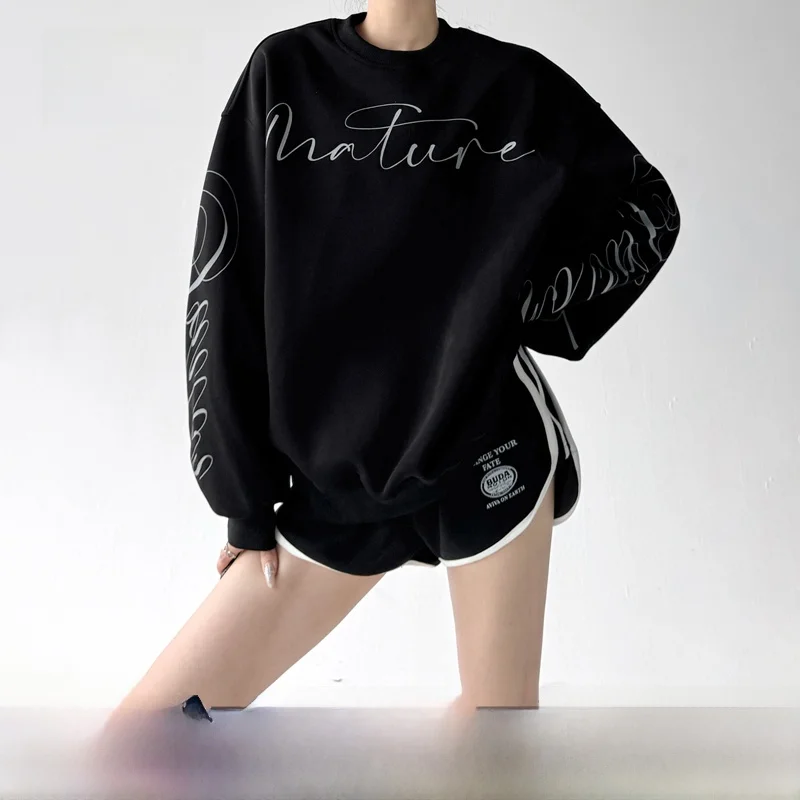 

Женская свободная толстовка с длинными рукавами и круглым вырезом, повседневный топ с буквенным принтом, с высокой талией, осень-зима, новое поступление