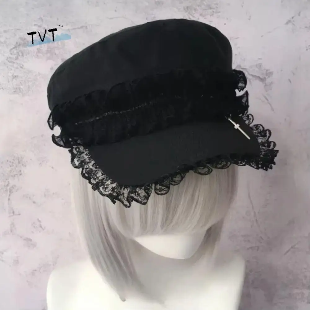أزياء طبقة مزدوجة الدانتيل Y2K قبعة فتاة الألفية الرسام قبعة الدانتيل قبعات قبعات القطن الأسود بارد في الهواء الطلق قبعة الشمس قبعة مثمنة