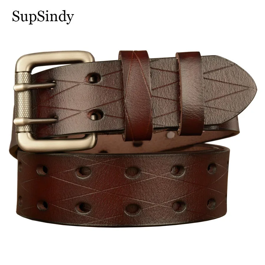 SupSindy Men Genuine Leather Belt Luxury Designer Metal Double Pin Buckle Cowhide Belts for Men Jeans Waistband Male Strap Black