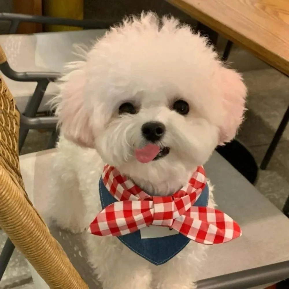 NEW Soft Dog Bandanas Adroable with Red Plaid Bow Tie Dog Bibs Breathable Pet Bandana for Small Medium Puppy Cat
