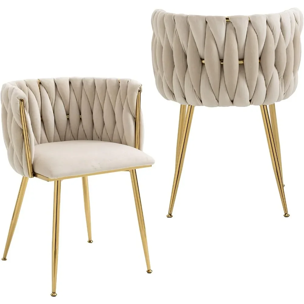 Modern Velvet Dining Chairs Weaving Accent Upholstered Side Chair with Golden Metal Legs european sillas comedor furnitures