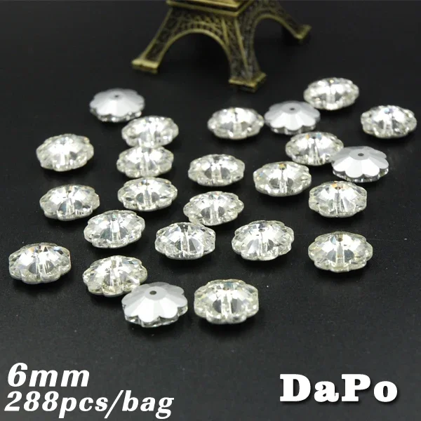 High-quality Clear Crystal Glass Plum Shape One Hole Rhinestones Button 6mm 288Pieces/Bag Sew on Beads