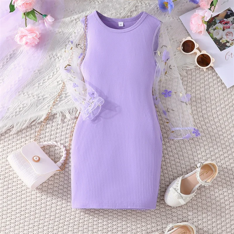 Kids Girls Casual Dress Mesh Flower Long Sleeve Dress Crew Neck Patchwork Fall Dress