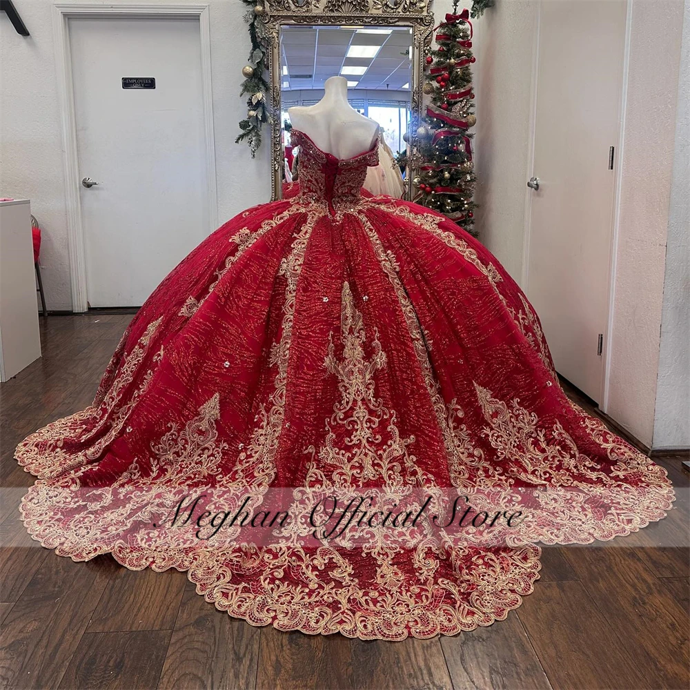 

Mexico Red Off The Shoulder Quinceanera Dress 2025 Appliques Beaded Corset Prom Dress Ball Gown Sweet 16 Robe De Bal Customized