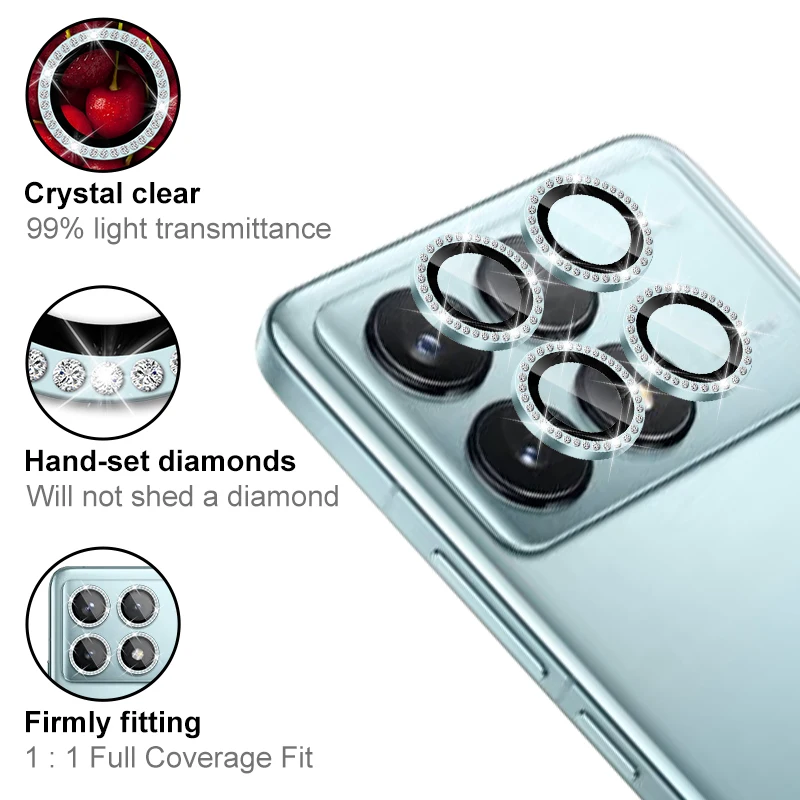 4 pcs protezione dell'obiettivo della fotocamera per Redmi K70 K70E K70PRO 9H pellicola protettiva in vetro temperato disegni diamantati per fotocamera del telefono