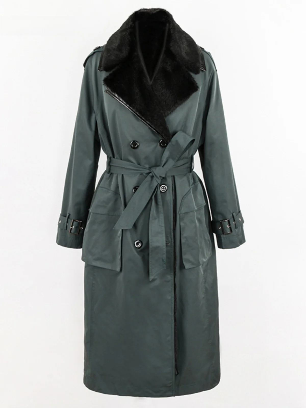 Nerazzurri Winter Fur Coat Detachable Inner Liner Belted Eco-Friendly Women's Parka Long Sleeve Korean Style Commute Friendly