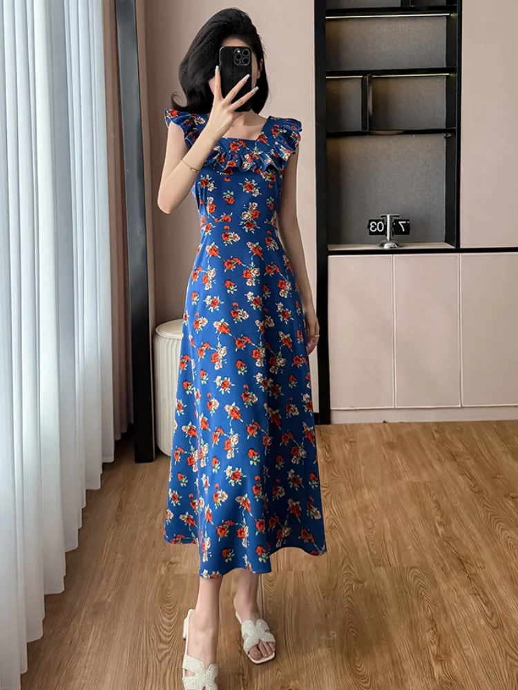 SMTHMA 2025 New Fashion Blue Floral French Square Neck Summer Dresses Women's Slimming Waist A-line Big Swing Long Dress