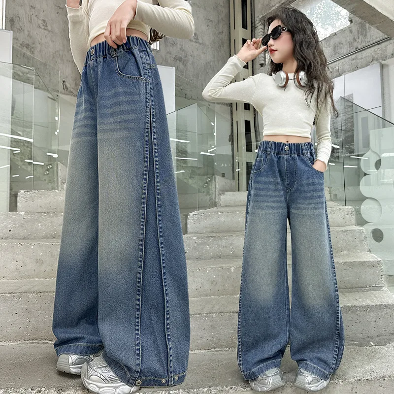 

Новинка 2025, стильные джинсовые брюки для девочек, весенне-осенние детские свободные прямые широкие джинсы со складками по бокам, детские повседневные брюки