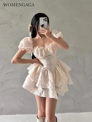 WOMENGAGA Sexy High Waist Slim Princess Mini Dress Puff Sleeve Short Sleeve Embroidery Short Fashion Sweet Hot Women Dresses 10Q