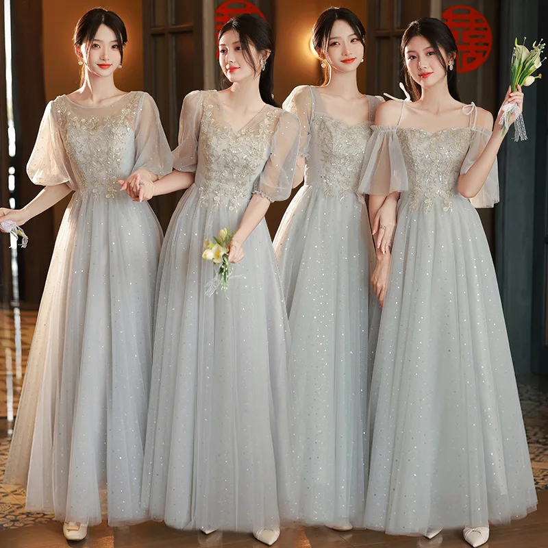 

Gray Aprivot Sexy Sequins Applique Chiffon Back Bandage A-Line Bridesmaid Wedding Evening Dress Tulle Prom Gowns Vestidos