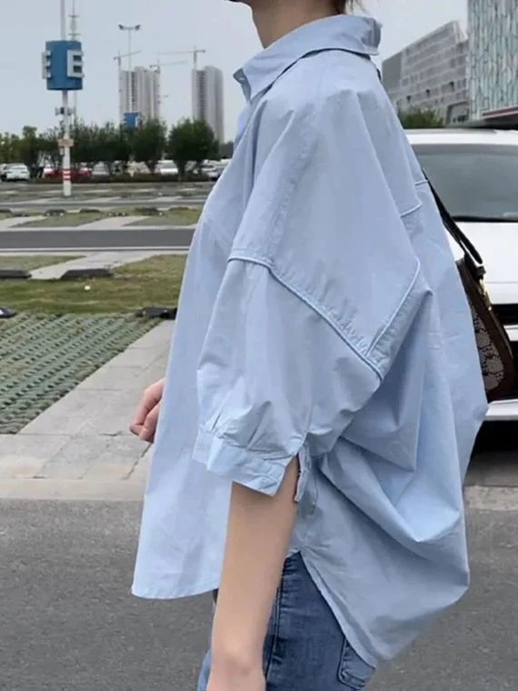 Loose Korean Style Women's Shirt Asymmetrical Back Hollow out Short Sleeve Cotton Polyester Blend  Collar Regular Fit
