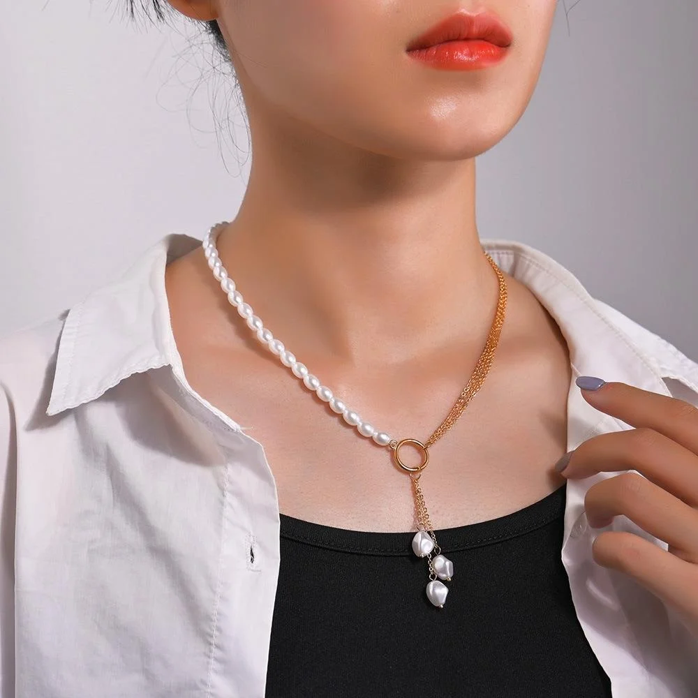 

Geometric Pearl Pendant Nelace for Women Cross-Border Chain Stitched Jewelry Accory round Pearls Ladies' Nepiece