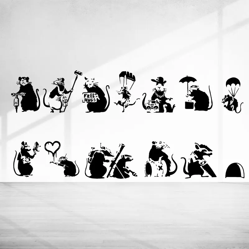 12 Styles Banksy Rat Black Wall Decal Street Art Home Decor Room, Baseboard, Door, Window Decoration Funny Mouse Sticker Q124