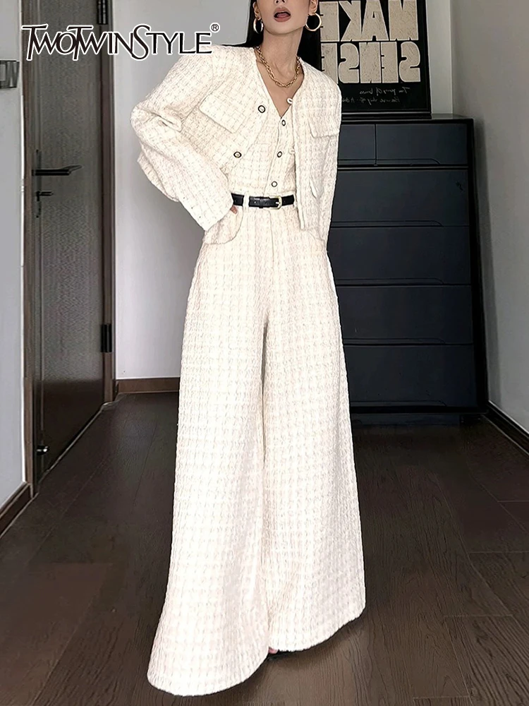 TWOTWINSTYLE Plaid Casual Two Piece Sets For Women V Neck Long Sleeve Coat V Neck Sleeveless High Waist Jumpsuit Chic Set Female