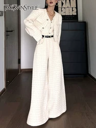 TWOTWINSTYLE Plaid Casual Two Piece Sets For Women V Neck Long Sleeve Coat V Neck Sleeveless High Waist Jumpsuit Chic Set Female