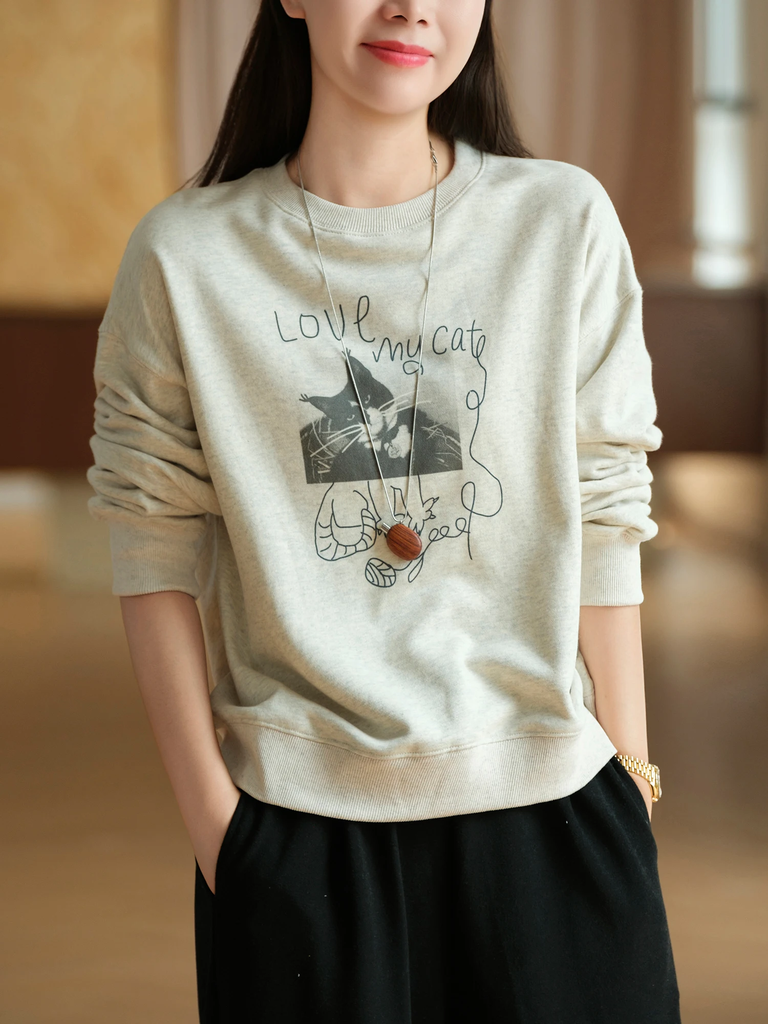 Skin-friendly Cotton Long-sleeve Hoodie Women's round Neck Print Sweatshirt Korean Style Standard Fit Regular Length