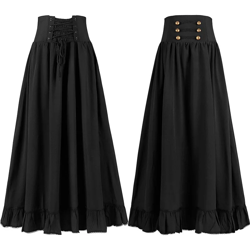 Women Maxi Skirt Vintage Edwardian High Waist A Line Victorian Long Skirt Steampunk Gothic Ruffled Hem Pleated Party Skirts