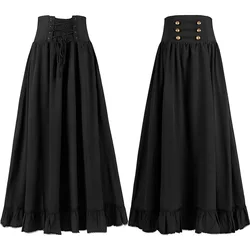 Women Maxi Skirt Vintage Edwardian High Waist A Line Victorian Long Skirt Steampunk Gothic Ruffled Hem Pleated Party Skirts