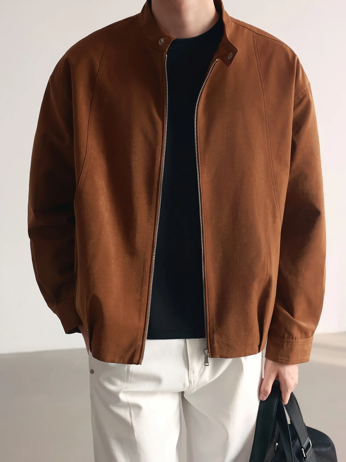 Loose Casual Harington Jacket for Men Stand Collar Windproof Long Sleeve Commute Style Cotton Polyester Nylon Blend Outerwear