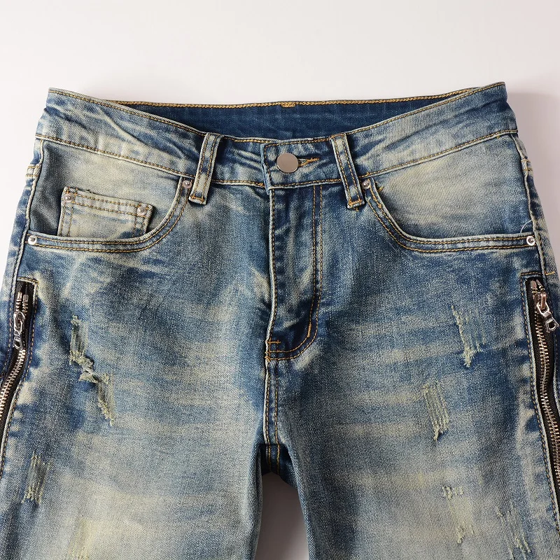 Distressed Motorbike Blue Color With Leather Ribs Patchwork Zippers Skinny Ripped Jeans Pants Men