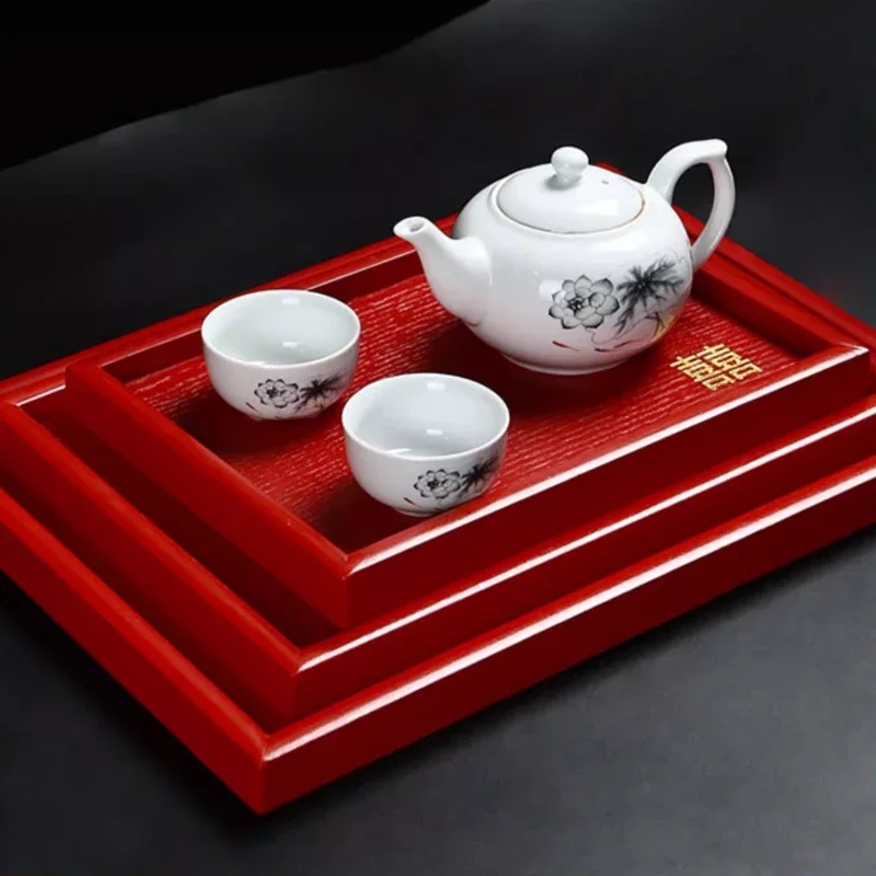 Chinese Red Square Wooden Tray, Wedding Tea Tray, Kitchen Storage for Desserts and Snacks, Solid Wood Tray for Tableware Storage