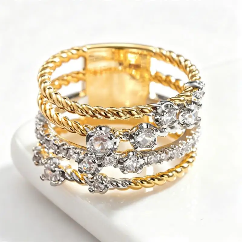 Huitan Damen-Ring in zwei Farben, mehrschichtiges Design, mit glänzendem Zirkonia besetzt, Party-Luxusschmuck, modischer Hip-Hop-Schmuck, Geschenk