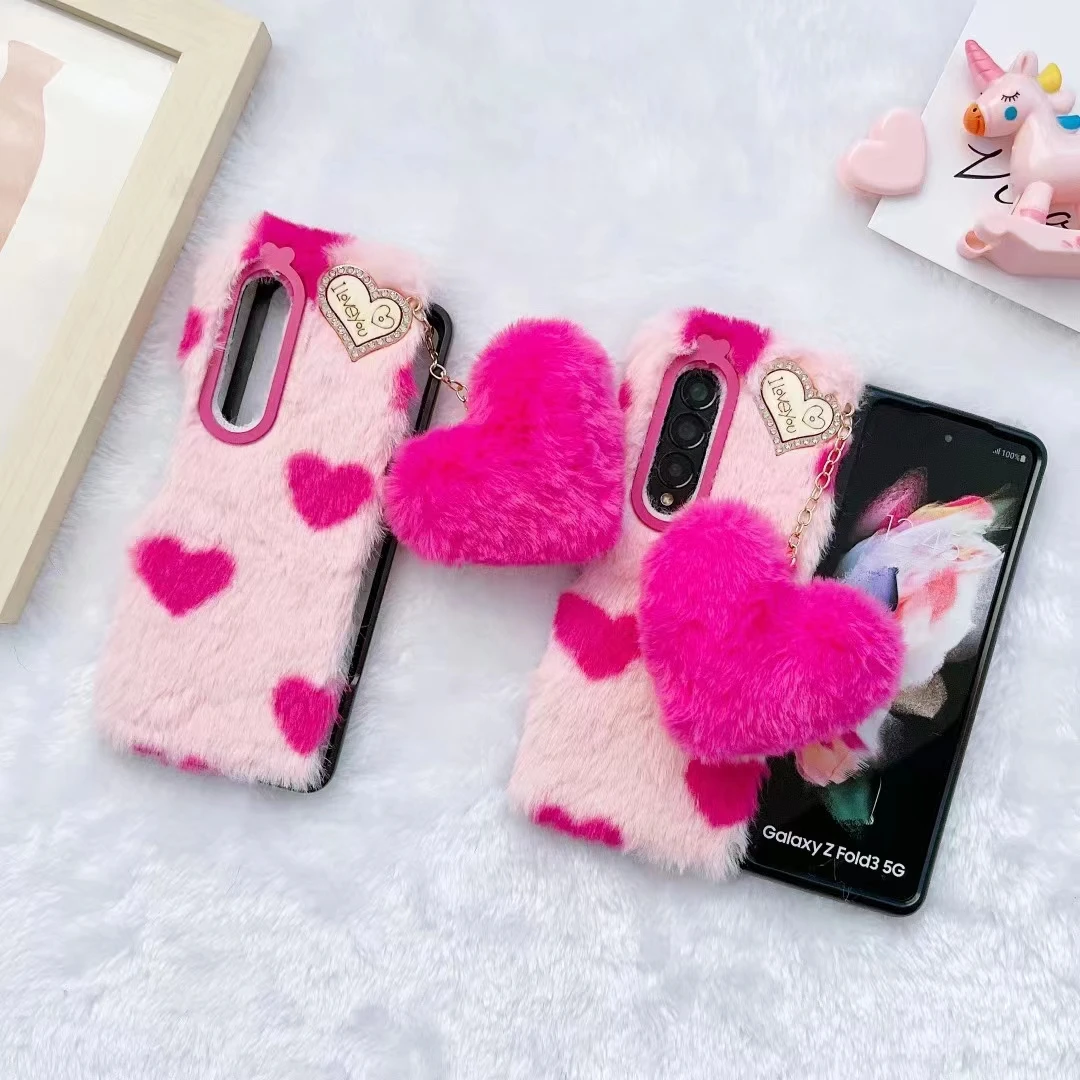 

For Samsung Galaxy Z FOLD 6 5 4 3 Fold5 Fold6 5G Fashion Cute Rose Love Heart Fur Pendant Holder Soft Fluffy Phone Case Cover