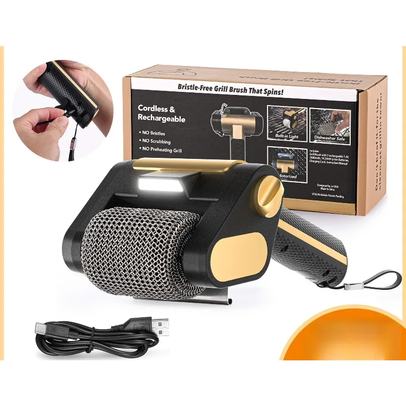 Electric Grill Cleaning Brush LED Light, Stainless‑Steel Roller Heat‑Resistant Anti‑Scald BBQ Cleaner For Outdoor Barbecue Stove