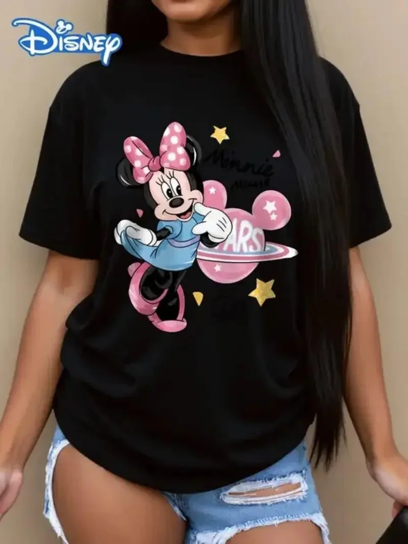 

2025 Disney Pattern Printed Women's Casual Comfortable Unique Smiling Face Black Round Neck Short Sleeve T-shirt