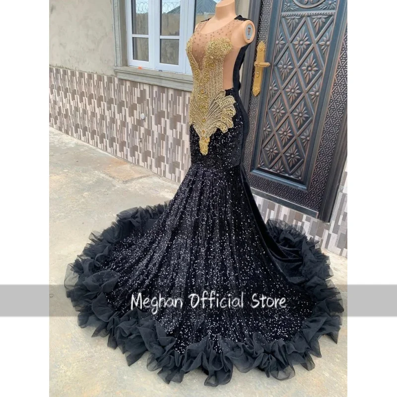 

Sparkling Black Diamante Mermaid Prom Dress 2025 For Women Luxurious Lace Appliqué Sequins Formal Field Ball Gowns Customised