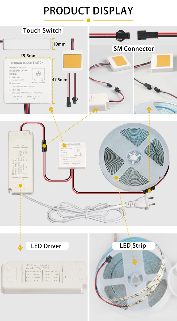 Badezimmer-Waschtischspiegel mit LED-Touch-Dimmsensor, DC 12V, Intelligenter Spiegel mit COB-LED-Licht, Dimmbares Touch-Set – Detail 3