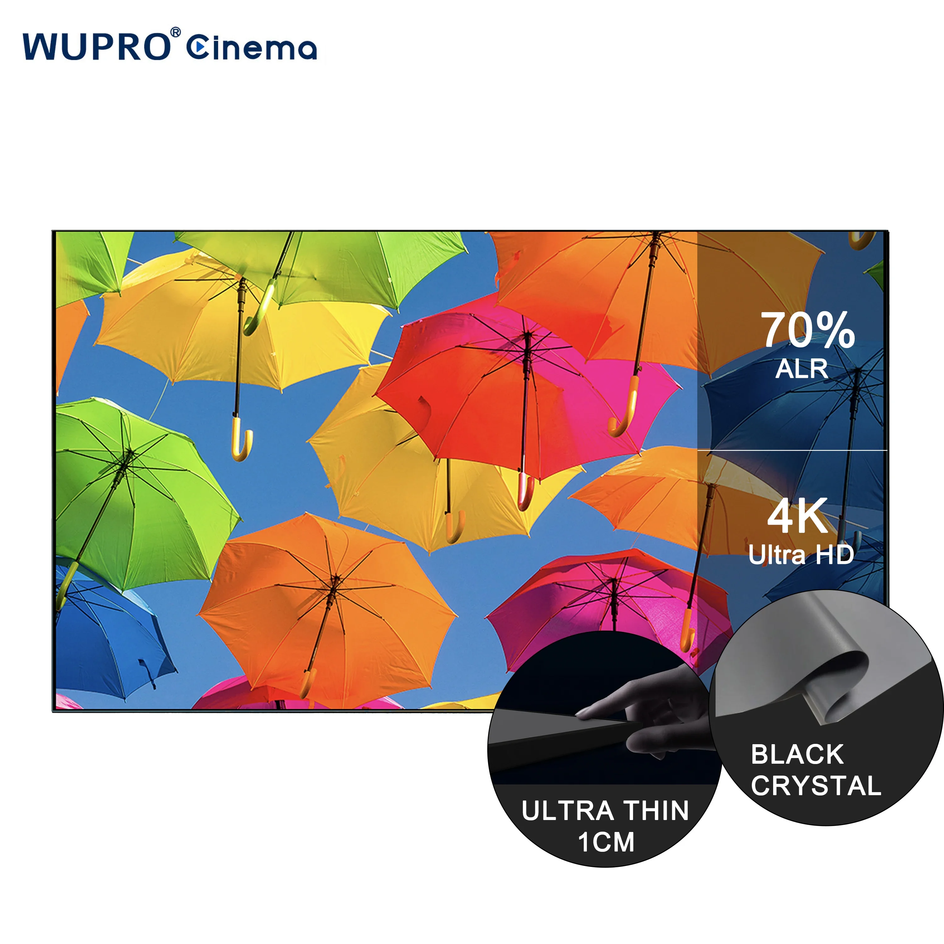 

Hot Selling Wupro 100 inch PET Soft Black Crystal Projection Screens Enhanced Gain 4K UHD ALR CLR Fixed Frame Projector Screen