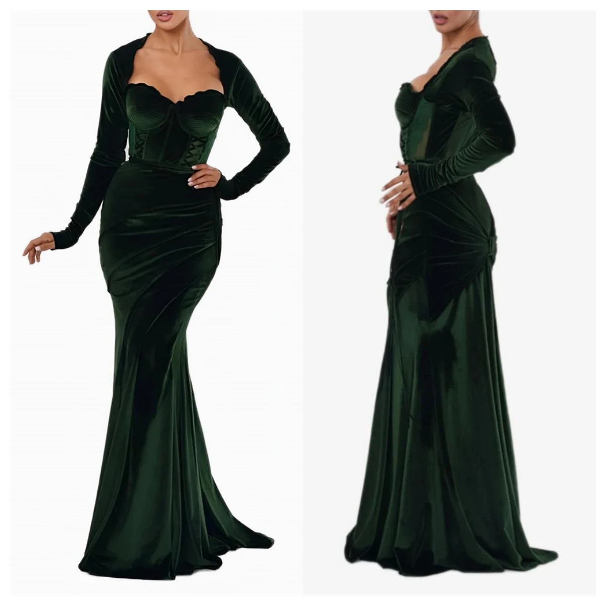 

Изящное зеленое бархатное вечернее платье по индивидуальному заказу с квадратным воротником и длинными рукавами, платья знаменитостей, платья для особых случаев, молния сзади