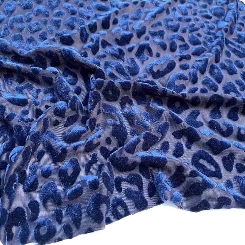 

1yard Blue Color Leopard Print Stretchy Velvet Fabric African Lace Spandex Jacquard Fabric for DIY Sewing Clothing Dresses