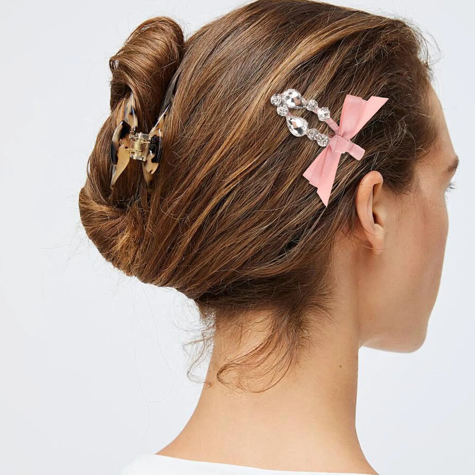 

2Pcs Heart Rhinestone Hair Clips Bowknot Duckbill Barrettes Elegant Side Clip for Women Daily Party Work Accessories