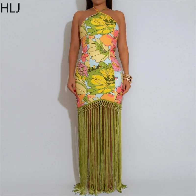 HLJ Elegant Flower Print Tassels Patchwork Long Dress Women Halter Sleeveless Backless Maxi Dresss Female Streetwear Vestidos