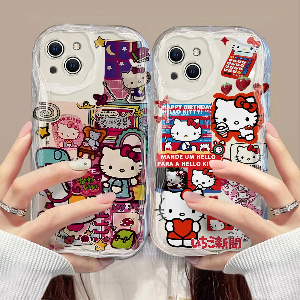 Schattige Sanrio Hello Kitty 3d Wave Telefoon Hoesje Voor Oppo Reno 11 F 8 T 7 Z 6 5 4 Pro F23 F11 F9 4G 5G Zachte Siliconen Achterkant