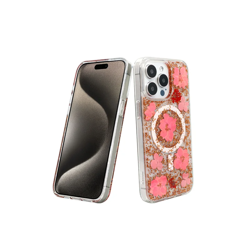 KZDOO Mag Flowers Shockproof Back Cover,Natural Dried Flowers,Clear Edge Protection Case for iPhone 15,15 Plus,15 Pro,15 Pro Max