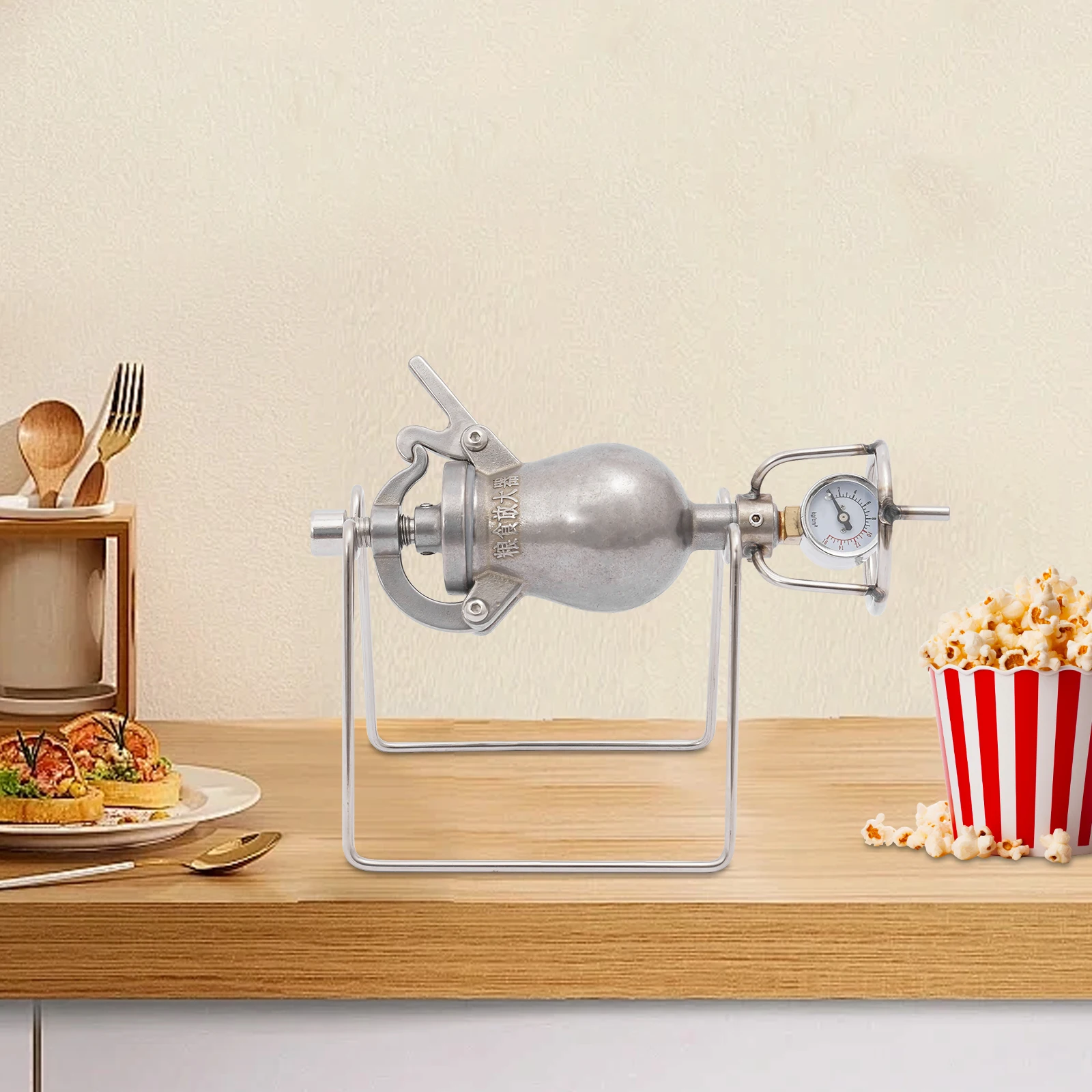Hand Popcorn Maker, Stainless Steel Manual Popcorn Machine with Pressure Gauge, Oil-Free Mini Popcorn Popper for Home Movie Nights, Parties & Gifts, 5.25 lbs